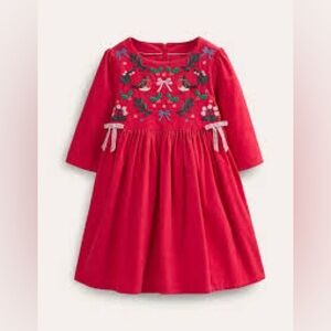 Mini Boden Embroidered Cord Dress red holiday holly bows birds girl 8-9 corduroy